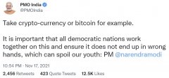 印度MTOKEN的辅弼Narendra Modi敦促各国在比特币，加