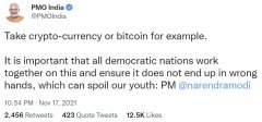 印度MTOKEN的辅弼Narendra Modi敦促各国在比特币，加